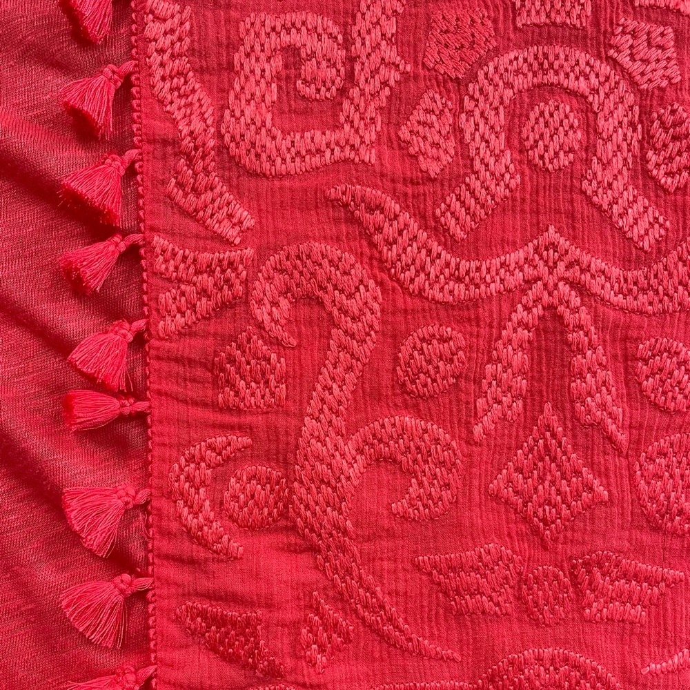 J. Crew Linen Coral Tassels Embroidered Boho Short Sleeve Top Size Oversized XS - Picture 10 of 10